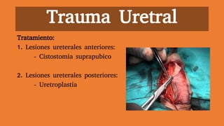 Trauma Uretral
Tratamiento:
1. Lesiones ureterales anteriores:
- Cistostomia suprapubico
2. Lesiones ureterales posteriores:
- Uretroplastia
 