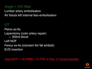 Angio + IVC filter
Lumbar artery embolisation
AV fistula left internal iliac-embolisation
OT
Pelvic ex-fix
Laparotomy (colic artery repair)
– 300ml blood
Left NOF
Femur ex-fix (concern for fat emboli)
EVD insertion
Total MTP = 18 PRBC, 11 FFP, 4 Plat, 2 Cryoprecipitate
 