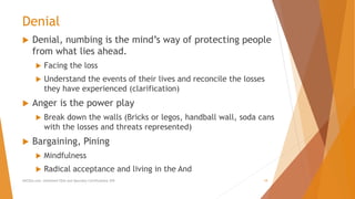 Denial
 Denial, numbing is the mind’s way of protecting people
from what lies ahead.
 Facing the loss
 Understand the events of their lives and reconcile the losses
they have experienced (clarification)
 Anger is the power play
 Break down the walls (Bricks or legos, handball wall, soda cans
with the losses and threats represented)
 Bargaining, Pining
 Mindfulness
 Radical acceptance and living in the And
AllCEUs.com Unlimited CEUs and Specialty Certifications $59 19
 