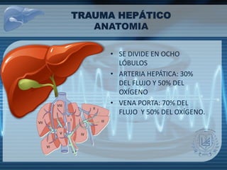 TRAUMA HEPÁTICO
ANATOMIA
• SE DIVIDE EN OCHO
LÓBULOS
• ARTERIA HEPÁTICA: 30%
DEL FLUJO Y 50% DEL
OXÍGENO
• VENA PORTA: 70% DEL
FLUJO Y 50% DEL OXÍGENO.
 