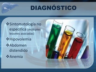 DIAGNÓSTICO
Sintomatología no
especifica (múltiples
lesiones asociadas)
Hipovolemia
Abdomen
distendido
Anemia
 