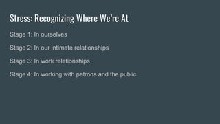 Stress: Recognizing Where We’re At
Stage 1: In ourselves
Stage 2: In our intimate relationships
Stage 3: In work relationships
Stage 4: In working with patrons and the public
 