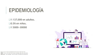 EPIDEMIOLOGÍA
1:137,000 en adultos.
0.5% en niños.
1:5000-30000
Flint, P. et al. (2021). Cummings. Otolaryngology–head and neck surgery. Estados Unidos: Elsevier
Saunders.
Johnson, JT- & Rosen, CA. (2014). Bailey’s head & neck surgery. Otolaryngology. Estados Unidos: Lippincott Williams
& Wilkins.
Pasha, R & Golub, J. (2018). Otolaryngology – Head and neck surgery. Clinical Reference Guide. Estados Unidos:
 