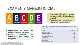 EXAMEN Y MANEJO INICIAL
• Establecer vía aérea segura
con protección de la columna
cervical
• Traqueotomía emergente /
intubación translaringea
• Exploración del cuello en
busca de signos de lesión.
• Heridas abiertas no
explorarlas por riesgo de
sangrado.
Flint, P. et al. (2021). Cummings. Otolaryngology–head and neck surgery. Estados Unidos: Elsevier
Saunders.
Johnson, JT- & Rosen, CA. (2014). Bailey’s head & neck surgery. Otolaryngology. Estados Unidos: Lippincott Williams
& Wilkins.
Pasha, R & Golub, J. (2018). Otolaryngology – Head and neck surgery. Clinical Reference Guide. Estados Unidos:
 