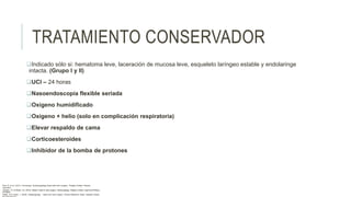 TRATAMIENTO CONSERVADOR
Indicado sólo si: hematoma leve, laceración de mucosa leve, esqueleto laríngeo estable y endolaringe
intacta. (Grupo I y II)
UCI – 24 horas
Nasoendoscopia flexible seriada
Oxigeno humidificado
Oxigeno + helio (solo en complicación respiratoria)
Elevar respaldo de cama
Corticoesteroides
Inhibidor de la bomba de protones
Flint, P. et al. (2021). Cummings. Otolaryngology–head and neck surgery. Estados Unidos: Elsevier
Saunders.
Johnson, JT- & Rosen, CA. (2014). Bailey’s head & neck surgery. Otolaryngology. Estados Unidos: Lippincott Williams
& Wilkins.
Pasha, R & Golub, J. (2018). Otolaryngology – Head and neck surgery. Clinical Reference Guide. Estados Unidos:
 