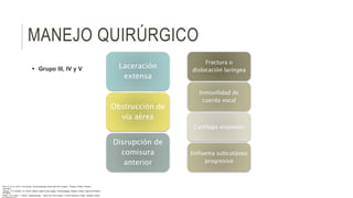 MANEJO QUIRÚRGICO
 Grupo III, IV y V Laceración
extensa
Obstrucción de
vía aérea
Disrupción de
comisura
anterior
Fractura o
dislocación laríngea
Inmovilidad de
cuerda vocal
Cartílago expuesto
Enfisema subcutáneo
progresivo
Flint, P. et al. (2021). Cummings. Otolaryngology–head and neck surgery. Estados Unidos: Elsevier
Saunders.
Johnson, JT- & Rosen, CA. (2014). Bailey’s head & neck surgery. Otolaryngology. Estados Unidos: Lippincott Williams
& Wilkins.
Pasha, R & Golub, J. (2018). Otolaryngology – Head and neck surgery. Clinical Reference Guide. Estados Unidos:
 
