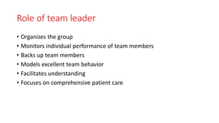 Role of team leader
• Organizes the group
• Monitors individual performance of team members
• Backs up team members
• Models excellent team behavior
• Facilitates understanding
• Focuses on comprehensive patient care
 