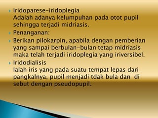 Iridoparese-iridoplegia
Adalah adanya kelumpuhan pada otot pupil
sehingga terjadi midriasis.
 Penanganan:
 Berikan pilokarpin, apabila dengan pemberian
yang sampai berbulan-bulan tetap midriasis
maka telah terjadi iridoplegia yang iriversibel.
 Iridodialisis
Ialah iris yang pada suatu tempat lepas dari
pangkalnya, pupil menjadi tdak bula dan di
sebut dengan pseudopupil.
 