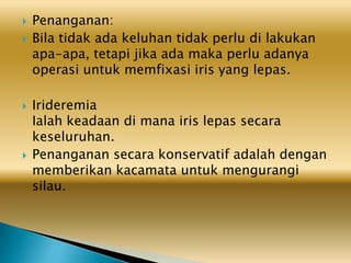  Penanganan:
 Bila tidak ada keluhan tidak perlu di lakukan
apa-apa, tetapi jika ada maka perlu adanya
operasi untuk memfixasi iris yang lepas.
 Irideremia
Ialah keadaan di mana iris lepas secara
keseluruhan.
 Penanganan secara konservatif adalah dengan
memberikan kacamata untuk mengurangi
silau.
 