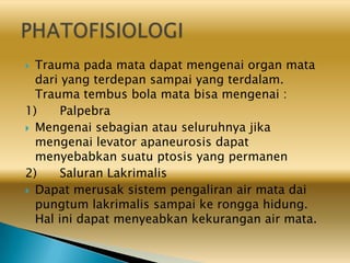  Trauma pada mata dapat mengenai organ mata
dari yang terdepan sampai yang terdalam.
Trauma tembus bola mata bisa mengenai :
1) Palpebra
 Mengenai sebagian atau seluruhnya jika
mengenai levator apaneurosis dapat
menyebabkan suatu ptosis yang permanen
2) Saluran Lakrimalis
 Dapat merusak sistem pengaliran air mata dai
pungtum lakrimalis sampai ke rongga hidung.
Hal ini dapat menyeabkan kekurangan air mata.
 