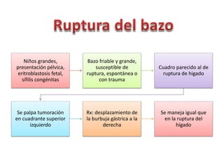 Niños grandes, 
presentación pélvica, 
eritroblastosis fetal, 
sífilis congénitas 
Bazo friable y grande, 
susceptible de 
ruptura, espontánea o 
con trauma 
Cuadro parecido al de 
ruptura de higado 
Se palpa tumoración 
en cuadrante superior 
izquierdo 
Rx: desplazamiento de 
la burbuja gástrica a la 
derecha 
Se maneja igual que 
en la ruptura del 
hígado 
 
