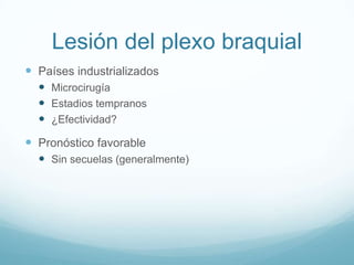 Lesión del plexo braquial
 Países industrializados
   Microcirugía
   Estadios tempranos
   ¿Efectividad?
 Pronóstico favorable
   Sin secuelas (generalmente)
 