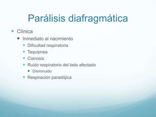 Parálisis diafragmática
 Clínica
   Inmediato al nacimiento
     Dificultad respiratoria
     Taquipnea
     Cianosis
     Ruido respiratorio del lado afectado
       Disminuido
     Respiración paradójica
 