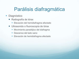 Parálisis diafragmática
 Diagnóstico
   Radiografía de tórax
     Elevación del hemidiafragma afectado
   Ultrasonido o fluoroscopía de tórax
     Movimiento paradójico del diafragma
     Descenso del lado sano
     Elevación de hemidiafragma afectado
 