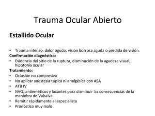 Trauma Ocular Abierto Estallido Ocular Trauma intenso, dolor agudo, visión borrosa aguda o pérdida de visión. Confirmación diagnóstica: Evidencia del sitio de la ruptura, disminución de la agudeza visual, hipotonía ocular Tratamiento: Oclusión no compresiva No aplicar anestesia tópica ni analgésica con ASA ATB IV NVO, antieméticos y laxantes para disminuir las consecuencias de la maniobra de Valsalva  Remitir rápidamente al especialista Pronóstico muy malo 