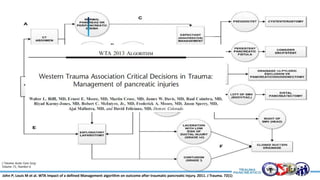 John P; Louis M et al. WTA Impact of a defined Management algorithm on outcome after traumatic pancreatic injury. 2011. J Trauma. 72(1)
 