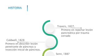 Travers, 1827.
Primero en reportar lesión
pancreática por trauma
cerrado
Senn, 1887
Caldwell, 1828
Primero en describir lesión
penetrante de páncreas y
resección inicial de páncreas.
 