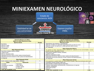 MINIEXAMEN NEUROLÓGICO
                       Estado de
                    conciencia: AVDI



 Debilidad lat de                      Examen pupilar:
 una extremidad        Alteración:         PIRRL
                    Efecto masa Qx
 
