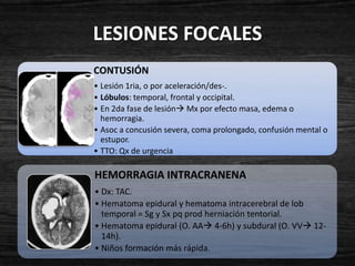 LESIONES FOCALES
CONTUSIÓN
• Lesión 1ria, o por aceleración/des-.
• Lóbulos: temporal, frontal y occipital.
• En 2da fase de lesión Mx por efecto masa, edema o
  hemorragia.
• Asoc a concusión severa, coma prolongado, confusión mental o
  estupor.
• TTO: Qx de urgencia

HEMORRAGIA INTRACRANENA
• Dx: TAC.
• Hematoma epidural y hematoma intracerebral de lob
  temporal = Sg y Sx pq prod herniación tentorial.
• Hematoma epidural (O. AA 4-6h) y subdural (O. VV 12-
  14h).
• Niños formación más rápida.
 