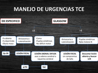 MANEJO DE URGENCIAS TCE
DX ESPECIFICO                                                 GLASGOW


                                   ≤8                                                >8

-Fx abierta      -Anisocoria o          -Coma                     -Anisocoria o      -Pupilas simétricas
-Fx deprimida    -Lateralización        -Pupilas simétricas       -Lateralización    -Rpta motora N
-Efecto masa                            -No déficit motor



 Qx ER          LESIÓN FOCAL        LESIÓN AXONAL DIFUSA             LESIÓN FOCAL         Descartar lesión
                                    asoc a edema cerebral o         sin compromiso        abierta y buscar
                                       isquemia cerebral                 de tallo               LCR


                      ↓PIC                     TAC
 