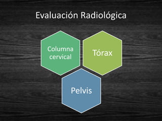 Evaluación Radiológica


  Columna
  cervical        Tórax



         Pelvis
 
