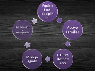 Equipo
                     Inter
                   disciplin
                      ario

Rehabilitación
      y
                                     Apoyo
Reintegración                       Familiar




                               TTO Pre-
          Manejo
                               Hospital
          Agudo
                                 ario
 