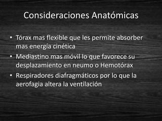 Consideraciones Anatómicas

• Tórax mas flexible que les permite absorber
  mas energía cinética
• Mediastino mas móvil lo que favorece su
  desplazamiento en neumo o Hemotórax
• Respiradores diafragmáticos por lo que la
  aerofagia altera la ventilación
 