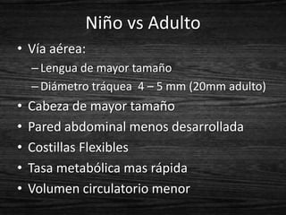 Niño vs Adulto
• Vía aérea:
    – Lengua de mayor tamaño
    – Diámetro tráquea 4 – 5 mm (20mm adulto)
•   Cabeza de mayor tamaño
•   Pared abdominal menos desarrollada
•   Costillas Flexibles
•   Tasa metabólica mas rápida
•   Volumen circulatorio menor
 