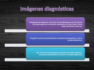 Radiografía de abdomen: elevación de hemidiafragma izq. Desviación
   de cámara gástrica a la derecha, desviación de colon transv. Hacia
                                         abajo, desviación colon izq.




Ecografía: lesiones del parénquima, hematoma periesplénico y liq en
                                              cavidad abdominal.




        TAC: lesiones del parénquima, perfusión del tejido esplénico,
           hematoma periesplénico y liq libre en cavidad abdominal
 
