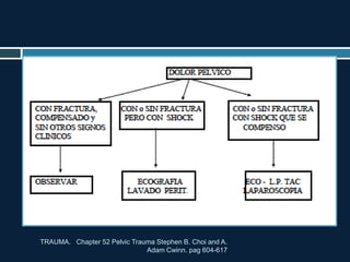 TRAUMA. Chapter 52 Pelvic Trauma Stephen B. Choi and A.
Adam Cwinn. pag 604-617
 