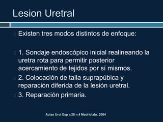 Lesion Uretral
Actas Urol Esp v.28 n.4 Madrid abr. 2004
 Existen tres modos distintos de enfoque:
 1. Sondaje endoscópico inicial realineando la
uretra rota para permitir posterior
acercamiento de tejidos por sí mismos.
 2. Colocación de talla suprapúbica y
reparación diferida de la lesión uretral.
 3. Reparación primaria.
 