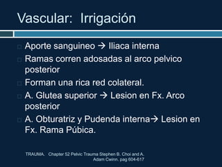 Vascular: Irrigación
 Aporte sanguineo  Iliaca interna
 Ramas corren adosadas al arco pelvico
posterior
 Forman una rica red colateral.
 A. Glutea superior  Lesion en Fx. Arco
posterior
 A. Obturatriz y Pudenda interna Lesion en
Fx. Rama Púbica.
TRAUMA. Chapter 52 Pelvic Trauma Stephen B. Choi and A.
Adam Cwinn. pag 604-617
 