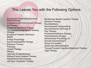 This Leaves You with the Following Options:
Accelerated Experiential Dynamic
Psychotherapy
Acceptance and Commitment Therapy
Art Therapy
Dialectical Behavioral Therapy
The Developmental Needs Meeting
Strategy
Emotional Freedom Technique
EMDR
Energy Psychology
Equine-Assisted/Pet Therapy
Exposure Therapy
Focusing
Gestalt Therapy
Hakomi
Hypnosis & Hypnotherapy
Internal Family Systems Therapy
Interpersonal Neurobiology
Life Span Integration Therapy
Mindfulness Based Cognitive Therapy
Narrative Therapy
Neurofeedback
Neurolinguistic Programming
Neuroemotional Technique ®
Play Therapy
Psychodrama/Drama Therapy
Psychodynamic therapy
Sensorimotor Psychology ®
Somatic Experiencing ®
Stress Innoculation
Systematic Desensitization
Trauma-Focused Cognitive Behavioral Therapy
Yoga Therapy
 