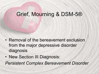 Grief, Mourning & DSM-5®
• Removal of the bereavement exclusion
from the major depressive disorder
diagnosis
• New Section III Diagnosis:
Persistent Complex Bereavement Disorder
 