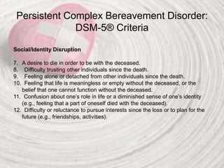 Persistent Complex Bereavement Disorder:
DSM-5® Criteria
Social/Identity Disruption
7. A desire to die in order to be with the deceased.
8. Difficulty trusting other individuals since the death.
9. Feeling alone or detached from other individuals since the death.
10. Feeling that life is meaningless or empty without the deceased, or the
belief that one cannot function without the deceased.
11. Confusion about one’s role in life or a diminished sense of one’s identity
(e.g., feeling that a part of oneself died with the deceased).
12. Difficulty or reluctance to pursue interests since the loss or to plan for the
future (e.g., friendships, activities).
 