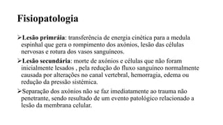 Fisiopatologia
Lesão primráia: transferência de energia cinética para a medula
espinhal que gera o rompimento dos axónios, lesão das células
nervosas e rotura dos vasos sanguíneos.
Lesão secundária: morte de axónios e células que não foram
inicialmente lesados , pela redução do fluxo sanguíneo normalmente
causada por alterações no canal vertebral, hemorragia, edema ou
redução da pressão sistémica.
Separação dos axónios não se faz imediatamente ao trauma não
penetrante, sendo resultado de um evento patológico relacionado a
lesão da membrana celular.
 