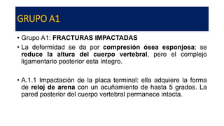 GRUPO A1
• Grupo A1: FRACTURAS IMPACTADAS
• La deformidad se da por compresión ósea esponjosa; se
reduce la altura del cuerpo vertebral, pero el complejo
ligamentario posterior esta íntegro.
• A.1.1 Impactación de la placa terminal: ella adquiere la forma
de reloj de arena con un acuñamiento de hasta 5 grados. La
pared posterior del cuerpo vertebral permanece intacta.
 