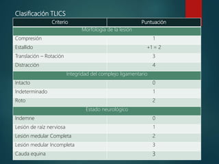 Criterio Puntuación
Morfología de la lesión
Compresión 1
Estallido +1 = 2
Translación – Rotación 3
Distracción 4
Integridad del complejo ligamentario
Intacto 0
Indeterminado 1
Roto 2
Estado neurológico
Indemne 0
Lesión de raíz nerviosa 1
Lesión medular Completa 2
Lesión medular Incompleta 3
Cauda equina 3
Clasificación TLICS
 