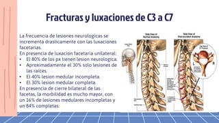 Fracturas y luxaciones de C3 a C7
La frecuencia de lesiones neurologicas se
incrementa drasticamente con las luxaciones
facetarias.
En presencia de luxacion facetaria unilateral:
• El 80% de los px tienen lesion neurologica.
• Aproximadamente el 30% solo lesiones de
las raices.
• El 40% lesion medular incompleta.
• El 30% lesion medular completa.
En presencia de cierre bilateral de las
facetas, la morbilidad es mucho mayor, con
un 16% de lesiones medulares incompletas y
un 84% completas.
 