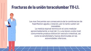 Fracturas de la unión toracolumbar T11-L1.
Las mas frecuentes son consecuencia de la combinacion de
hiperflexion aguda y rotacion, por lo tanto suelen ser
inestables.
La medula espinal termina en el cono medular
aproximadamente a nivel de l 1 y una lesion a este nivel
comunmente produce disfuncion vesical e intestinal, asi
como la sensibilidad y fuerza disminuidas en las
estremidades inferiores.
 