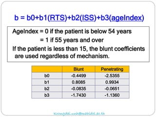 b = b0+b1(RTS)+b2(ISS)+b3(ageIndex)
AgeIndex = 0 if the patient is below 54 years
= 1 if 55 years and over
If the patient is less than 15, the blunt coefficients
are used regardless of mechanism.
Blunt Penetrating
b0 -0.4499 -2.5355
b1 0.8085 0.9934
b2 -0.0835 -0.0651
b3 -1.7430 -1.1360
Krongdai.unh@mahidol.ac.th
 