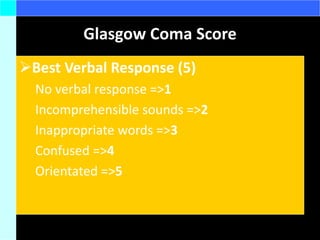 Glasgow Coma Score
Best Verbal Response (5)
No verbal response =>1
Incomprehensible sounds =>2
Inappropriate words =>3
Confused =>4
Orientated =>5
 
