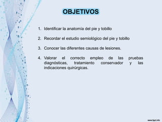 1. Identificar la anatomía del pie y tobillo
2. Recordar el estudio semiológico del pie y tobillo
3. Conocer las diferentes causas de lesiones.
4. Valorar el correcto empleo de las pruebas
diagnósticas, tratamiento conservador y las
indicaciones quirúrgicas.
OBJETIVOS
 
