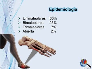  Unimaleolares 66%
 Bimaleolares 25%
 Trimaleolares 7%
 Abierta 2%
Epidemiología
 