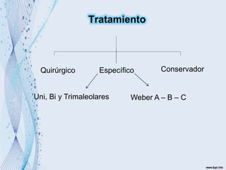 Quirúrgico ConservadorEspecífico
Weber A – B – CUni, Bi y Trimaleolares
Tratamiento
 