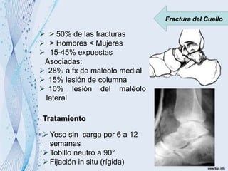 Fractura del Cuello
 > 50% de las fracturas
 > Hombres < Mujeres
 15-45% expuestas
Asociadas:
 28% a fx de maléolo medial
 15% lesión de columna
 10% lesión del maléolo
lateral
Tratamiento
Yeso sin carga por 6 a 12
semanas
Tobillo neutro a 90°
Fijación in situ (rígida)
 