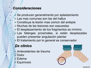 Consideraciones
Se producen generalmente por aplastamiento
Las mas comunes son las del hallux
Constituye la lesión mas común del antepie
Muchas de las lesiones son expuestas
El desplazamiento de los fragmentos es mínimo
Las falanges proximales, si están desplazadas
pueden presentar angulación plantar
El tratamiento por lo general es conservador
Dx clínico
Antecedentes de trauma
Dolor
Edema
Equimosis
 