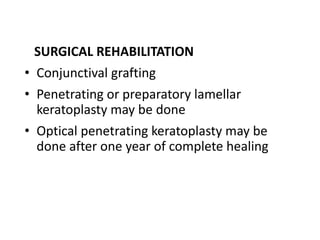 SURGICAL REHABILITATION
• Conjunctival grafting
• Penetrating or preparatory lamellar
keratoplasty may be done
• Optical penetrating keratoplasty may be
done after one year of complete healing
 