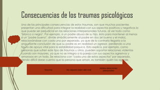 Consecuencias de los traumas psicológicos
Una de las principales consecuencias de estos traumas, son que muchos pacientes
presentan una dificultad para integrar la realidad con sus aspectos positivos y negativos lo
que puede ser perjudicial en las relaciones interpersonales futuras, al ver todo como
"blanco o negro". Por ejemplo, si un padre abusa de su hija, ésta para mantener al menos
a un "padre bueno", divide simbólicamente al padre en dos (el bueno y el malo),
relacionándose con cada uno por separado, ya que de lo contrario llegaría a la
angustiante conclusión de que su padre es en realidad un agresor, perdiendo a una
figura de apoyo vital para la estabilidad psíquica. Esto explica, por ejemplo, como
personas que sufren este tipo de traumas u otros, pueden soportar relaciones violentas
cuando son mayores, ya que no se integra a la pareja con sus aspectos agresivos y
amorosos en un todo. Se relaciona con "cada uno de estos aspectos" por separado,
siendo difícil darse cuenta que la persona que aman, es también quién las agrede.
Malas relaciones
personalesNo separa bien del maltrauma
 