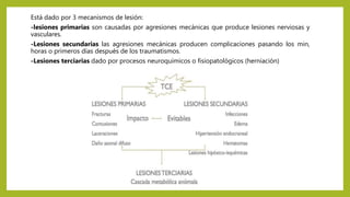 Está dado por 3 mecanismos de lesión:
-lesiones primarias son causadas por agresiones mecánicas que produce lesiones nerviosas y
vasculares.
-Lesiones secundarias las agresiones mecánicas producen complicaciones pasando los min,
horas o primeros días después de los traumatismos.
-Lesiones terciarias dado por procesos neuroquímicos o fisiopatológicos (herniación)
 